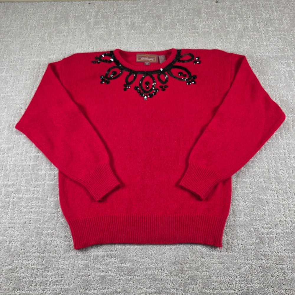 Vintage Worthington Red Silk Angora Sequin Beaded Neckline Sweater Womens Medium